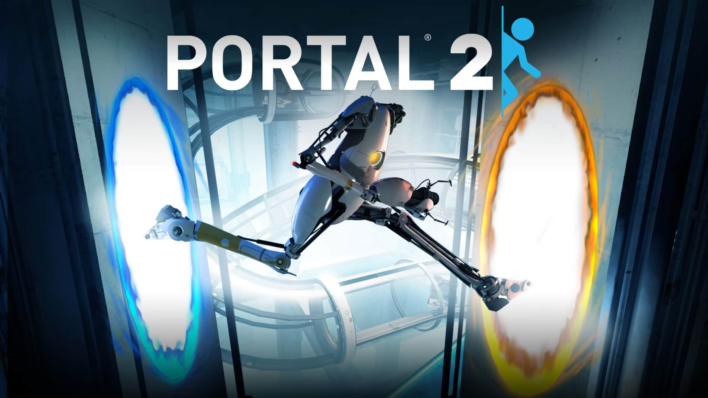 One of the robot characters from Portal 2 jumping between two portals