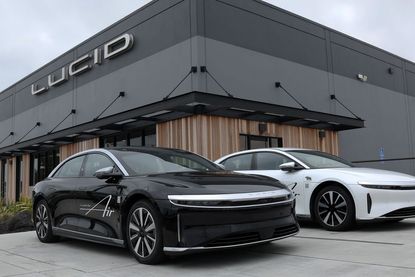 Black and white Lucid electric cars outside of a Lucid showroom in San Francisco, California