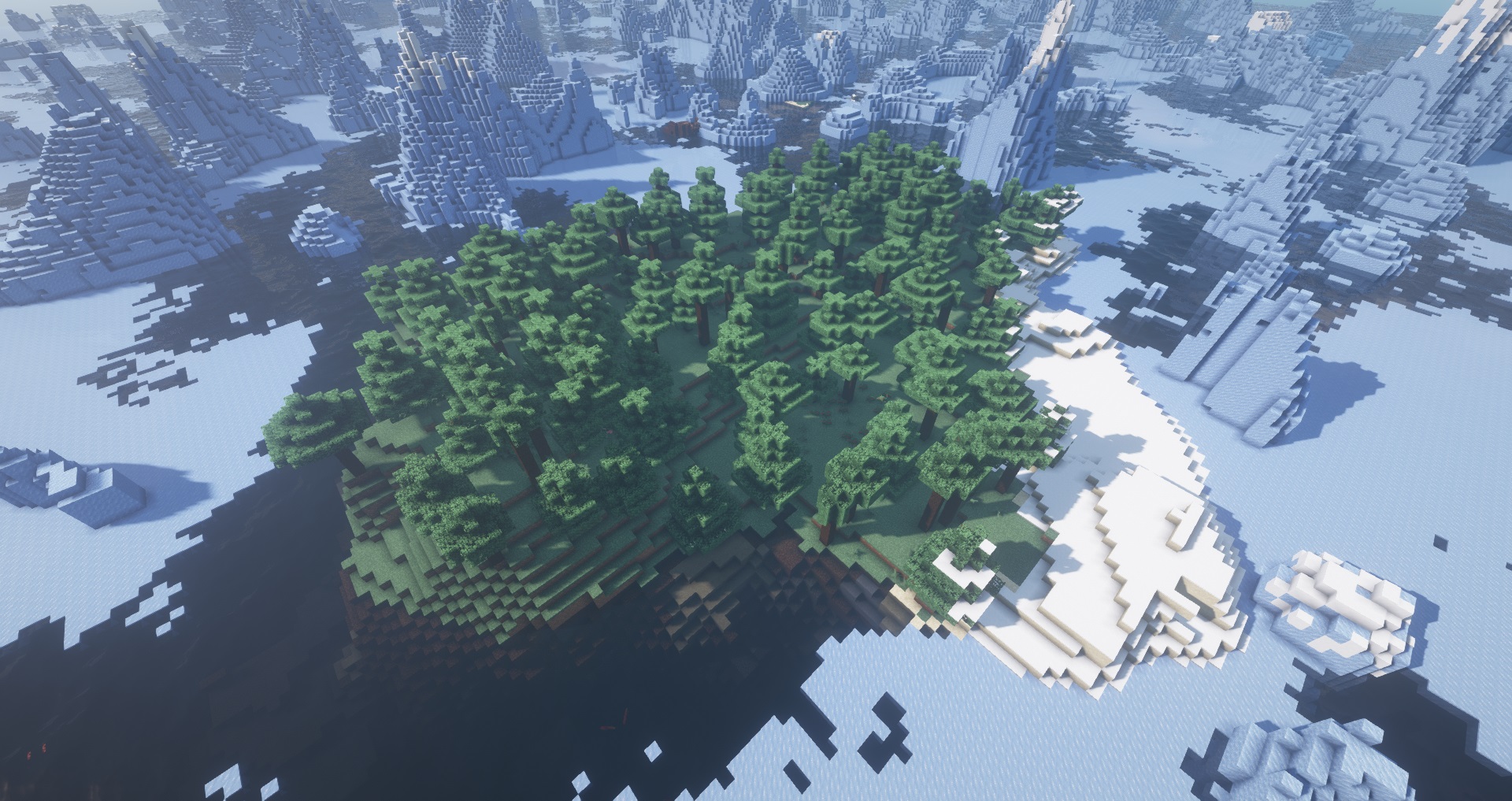 Minecraft - A lone forested and beach island at the center of a frozen ocean with icebergs.