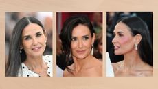 Collage of three vertical images of Demi Moore set against a muted beige watercolour style background