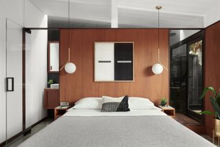 A bedroom with a large wooden accent wall