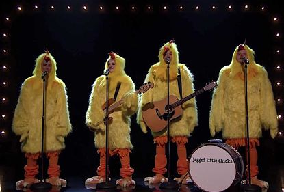 The Jagged Little Chicks — Alanis Morissette, Jimmy Fallon, and Meghan Trainor — cluck "Ironic"