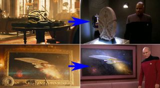 Top: the new teaser and the "Deep Space Nine" episode "The Reckoning" (Season 6, Episode 21). Bottom: the painting from the new teaser and the TNG episode "Qpid" (Season 4, Episode 20)