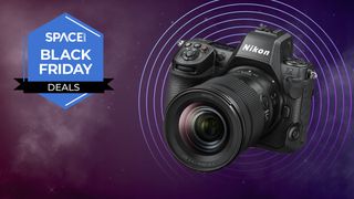 A Nikon Z8 camera with a lens on a purple background with a Space Black Friday badge.