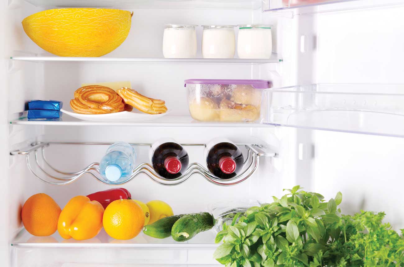 wine and food in fridge