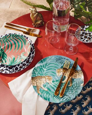 Leopard print animal print tabletop setting dining table glassware with dining set