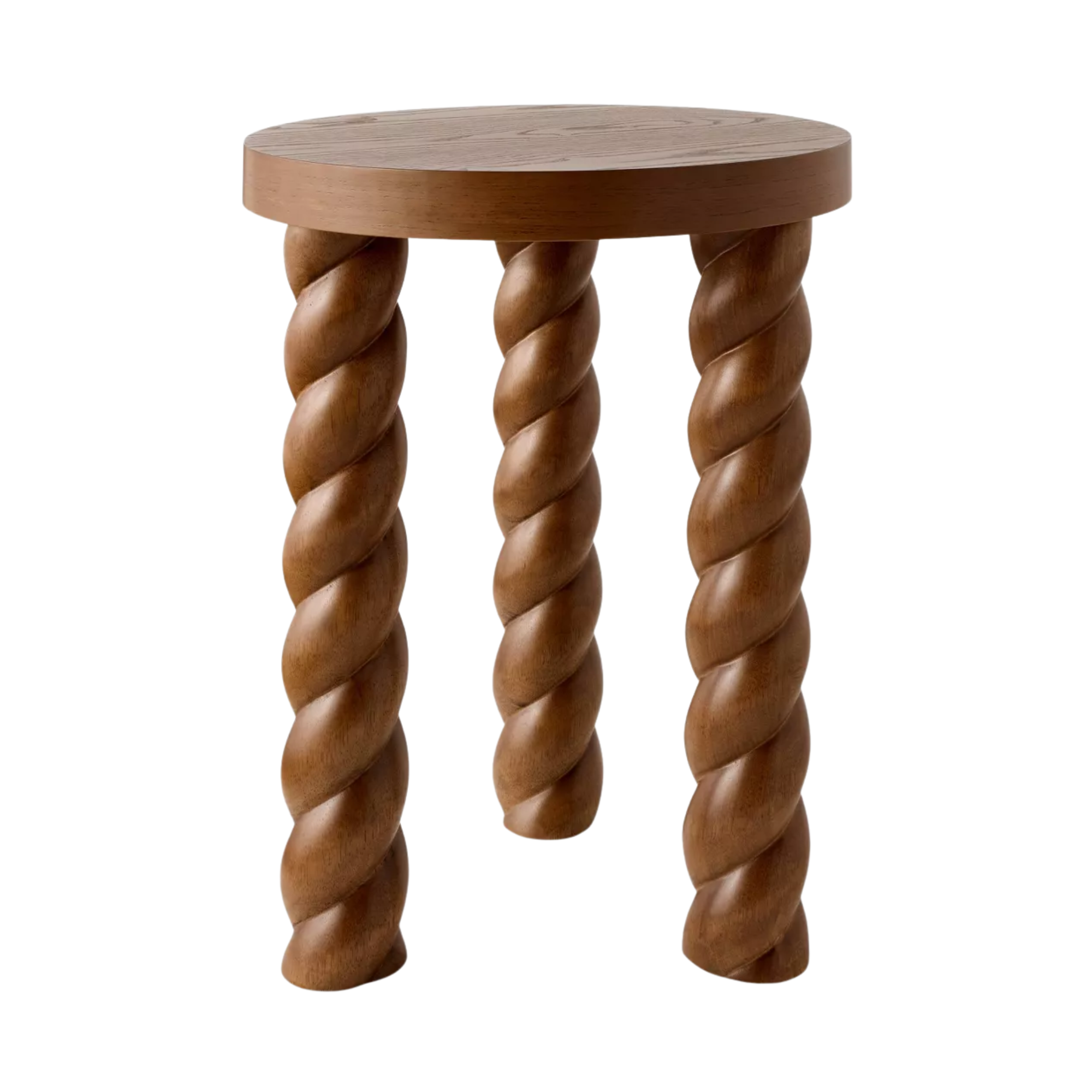 a side table with three twisted wood legs