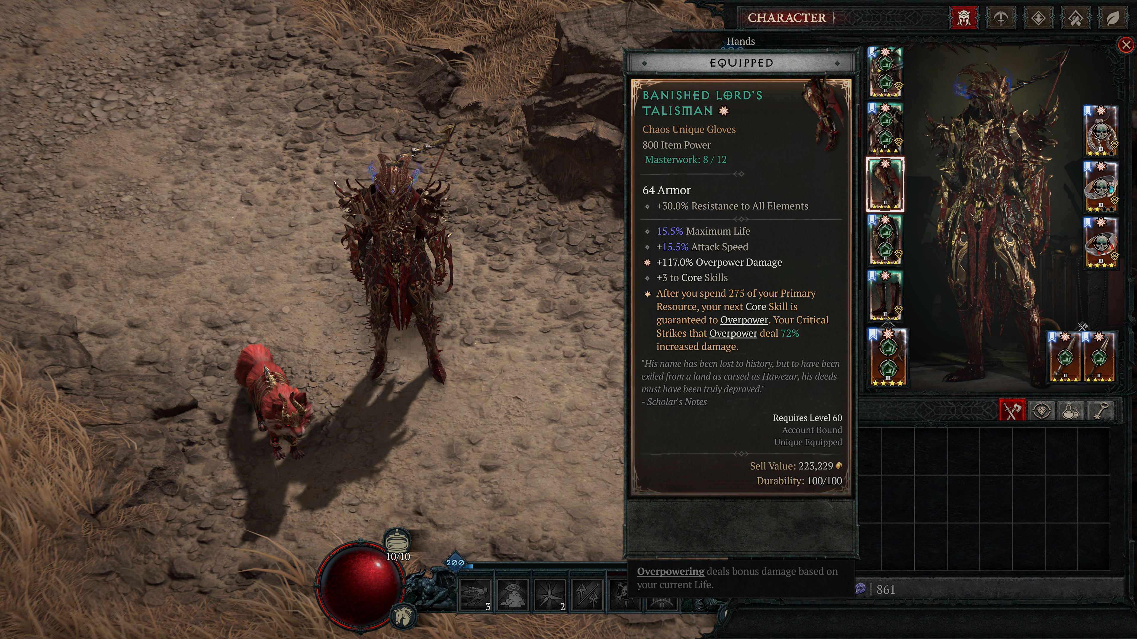 A screenshot of Diablo 4 season 10 Season of Infernal Chaos. A rogue player character stands on a desert path with a red fox pet at their feet. An inventory menu is open with a tooltip for a pair of gloves.