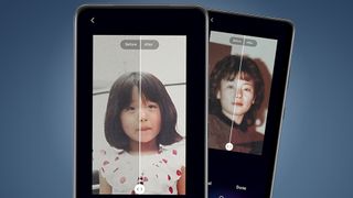 Two phones showing old photos of people being edited in the Samsung Galaxy Enhance X app