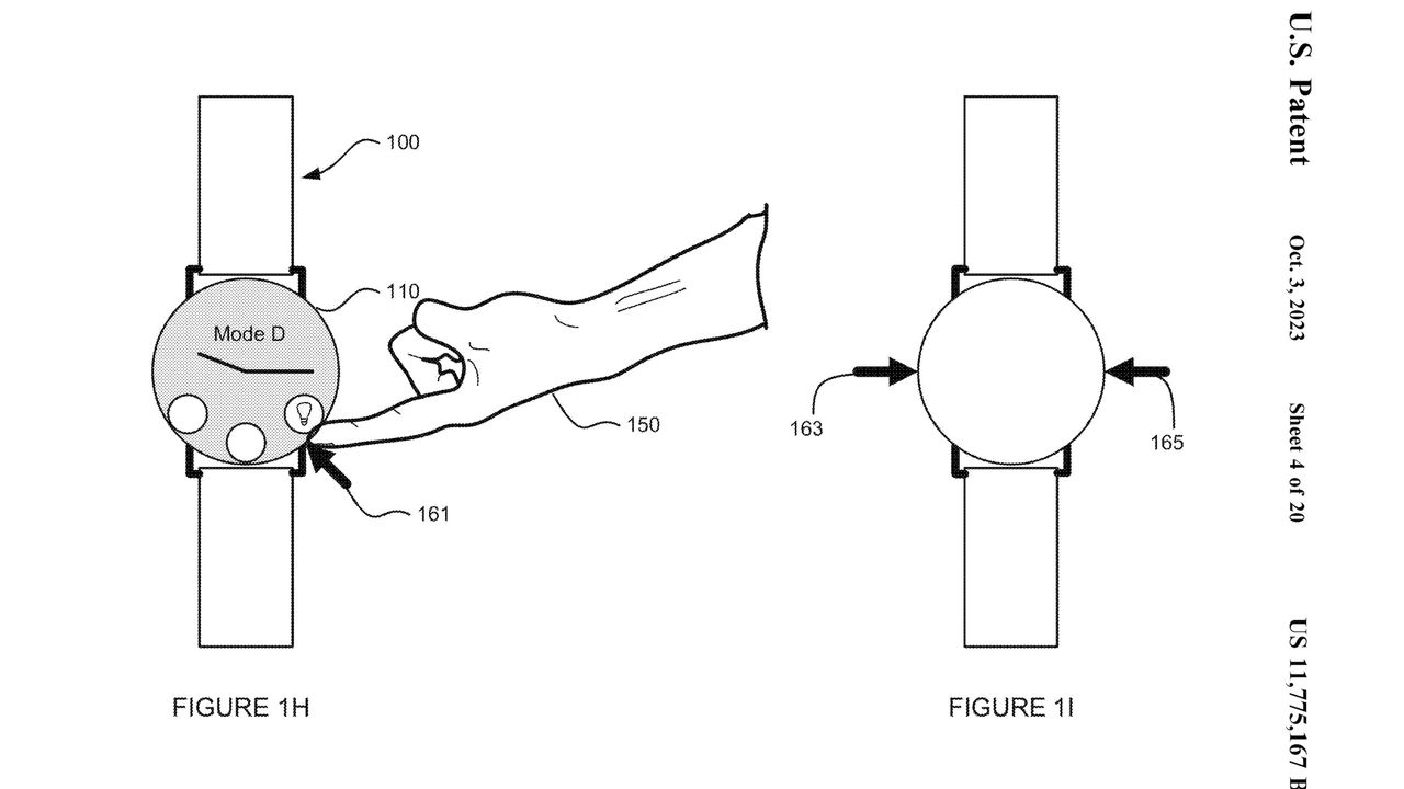 Patent showing a Google concept for a capacitive touch bezel around a Pixel Watch. The image shows a finger pressing and holding at a specific point to activate a specific tool, such as a flashlight.