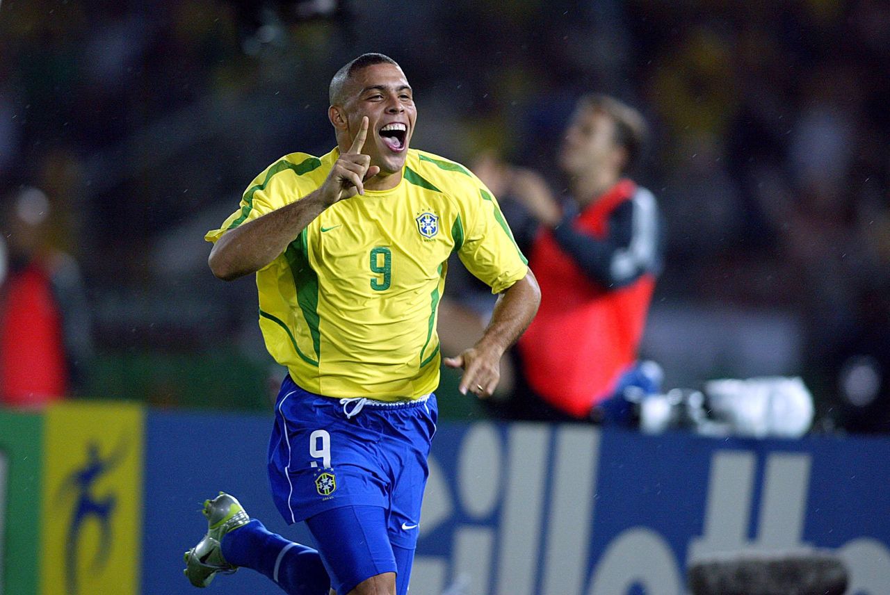 Ronaldo celebrates after scoring for Brazil against Germany in the 2002 World Cup final