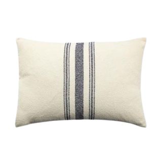 White rectangular throw pillow with vertical blue stripes; farmhouse vibes