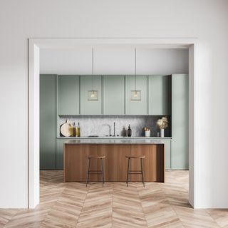 modern green kitchen with matching cube pendants over island, grey splash back, mid tone wood island, barstools, wooden floor
