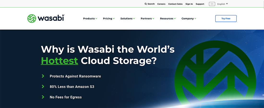 Wasabi cloud storage website screenshot