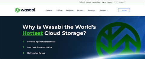Wasabi cloud storage website screenshot