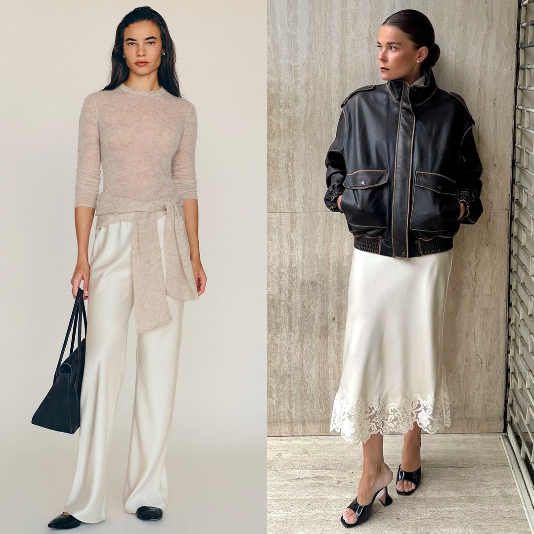 collage of three looks featuring Reformation fashion like sweaters, silk pants, satin skirts with lace hem, and a leather bomber jacket