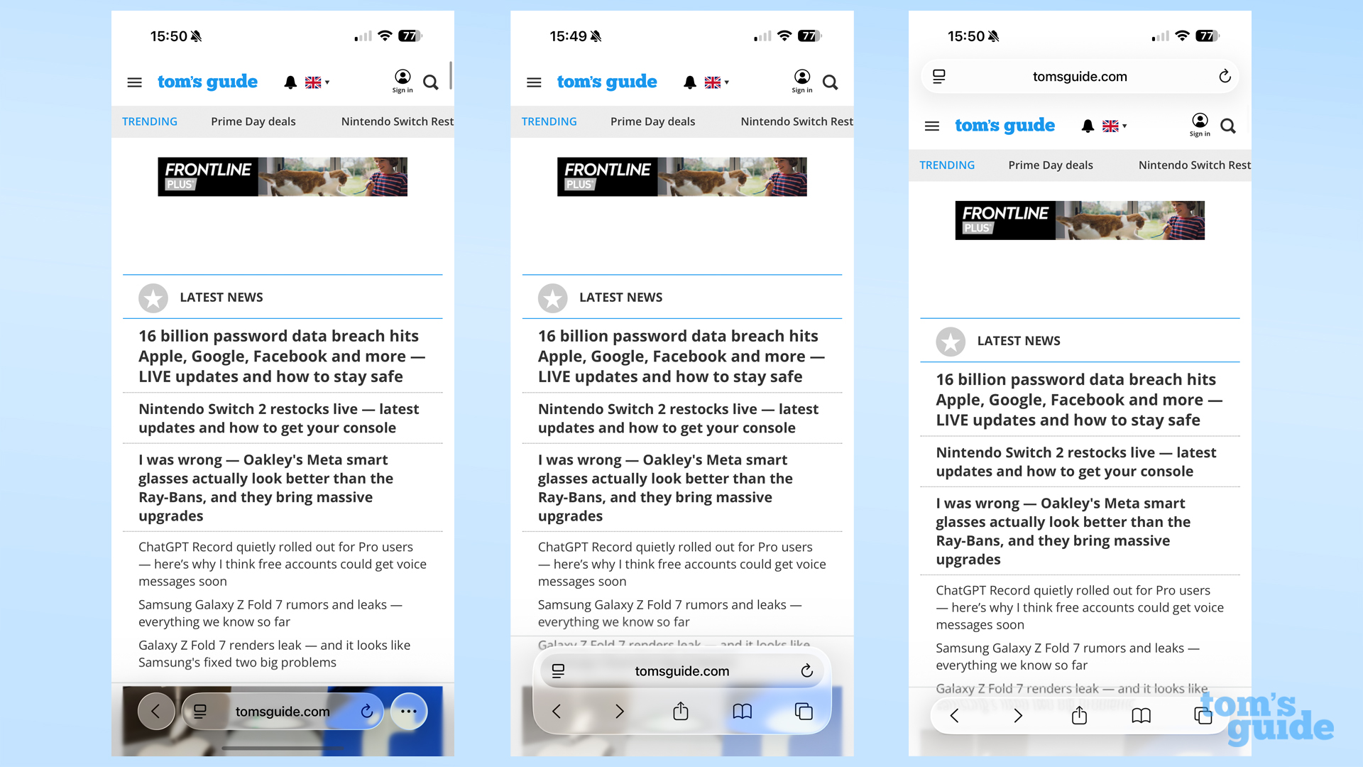 iOS 26 beta Safari in compact, bottom and top interface versions