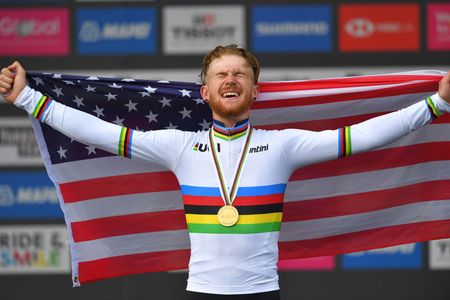 Quinn Simmons winning the 2019 UCI World Championships Junior Road Race