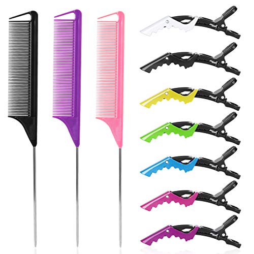 Rat Tail and Parting Combs With Styling Clips: 3 Metal Teasing Combs for Braids, 7 Professional Sectioning Hair Clips