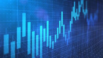 Stock market graph concept art showing upward trajectory in a blue background.