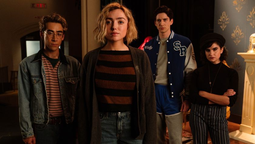 L-R: Nick Pugliese as Charley, Peyton List as Maddie Nears, Milo Manheim as Wally Clark and Sarah Yarkin as Rhonda in School Spirits.