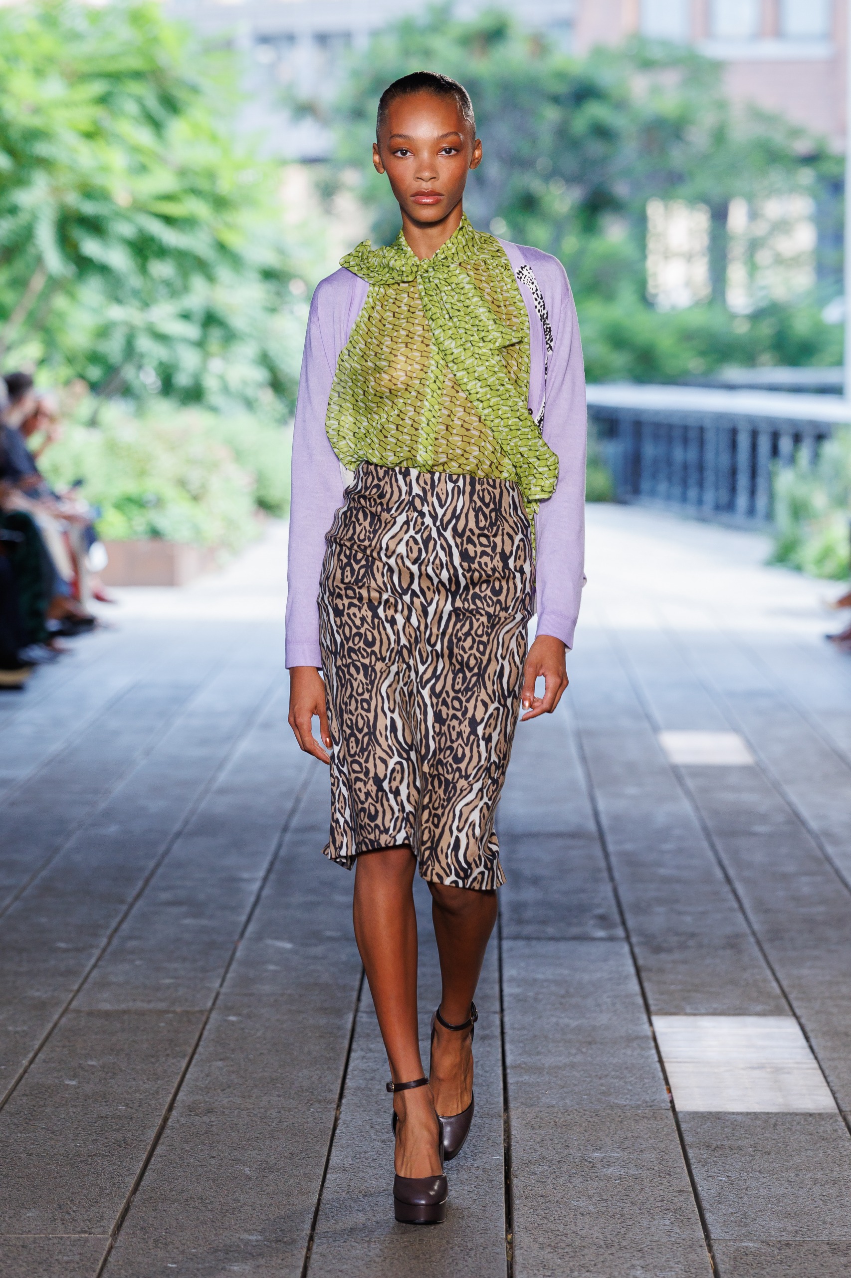 A model on the DVF Spring 2027 runway at New York Fashion Week.