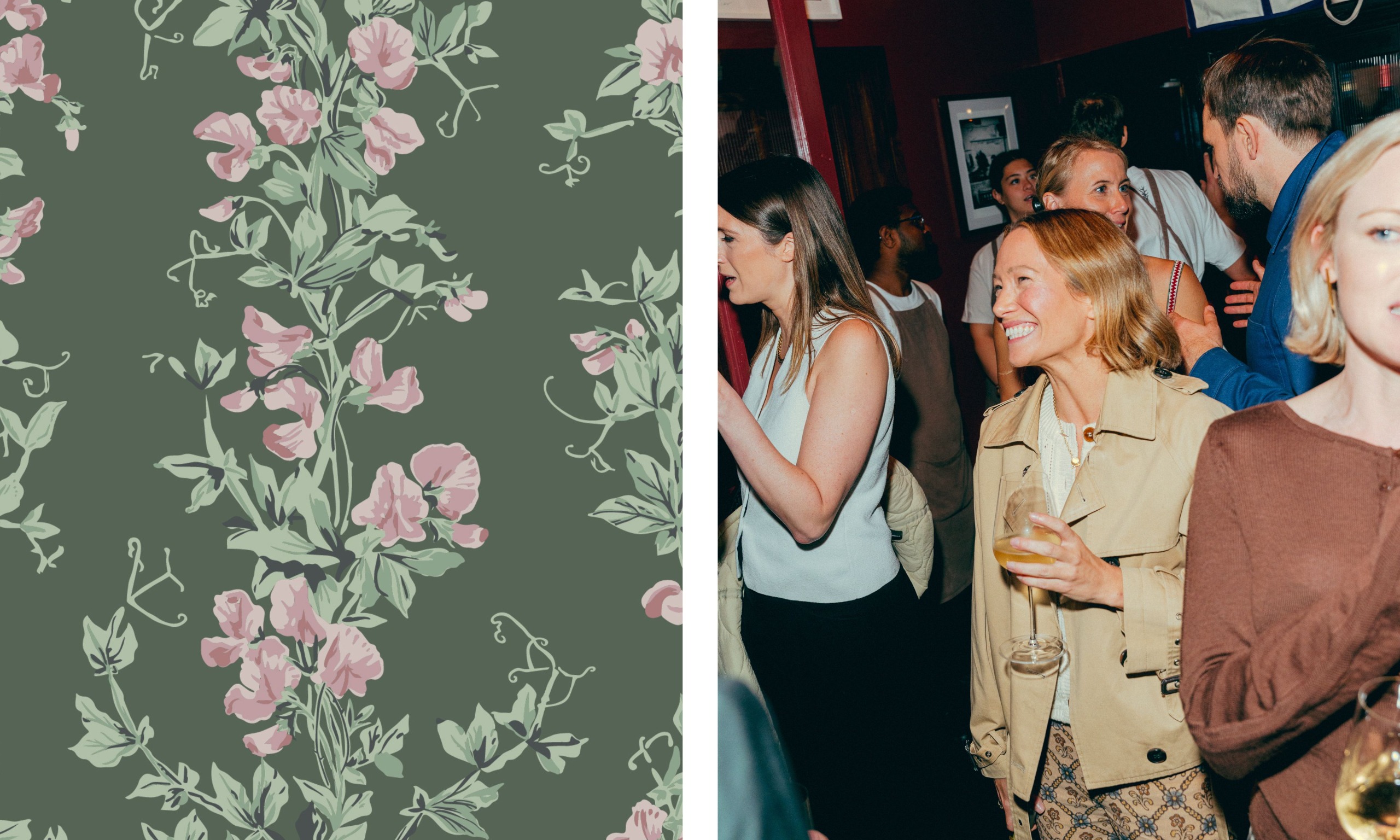 two shots next to each other. On the left, a wallpaper print of sweetpeas. On the right, Tiffany Duggan smiles