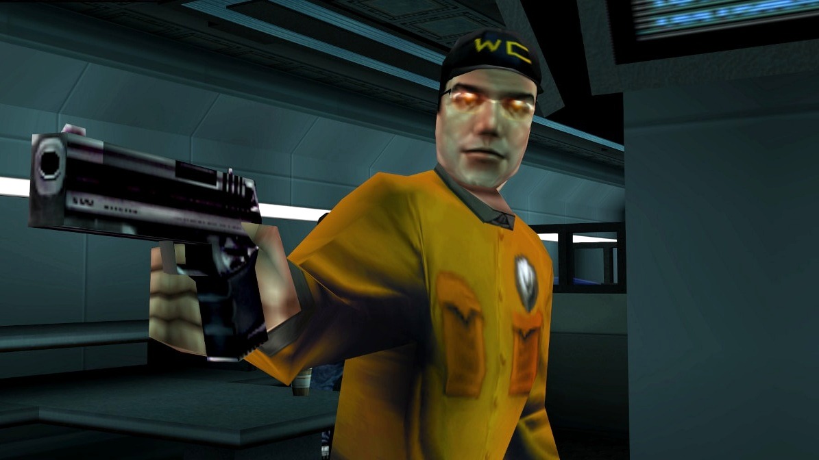 A WorldCorp security guard totes a pistol.