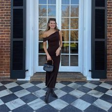 Sara Walker in a brown Reformation dress and Gucci bag