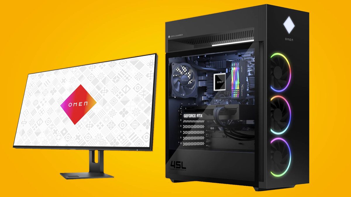 Hp Omen 45L desktop and 27U gaming monitor on a yellow background