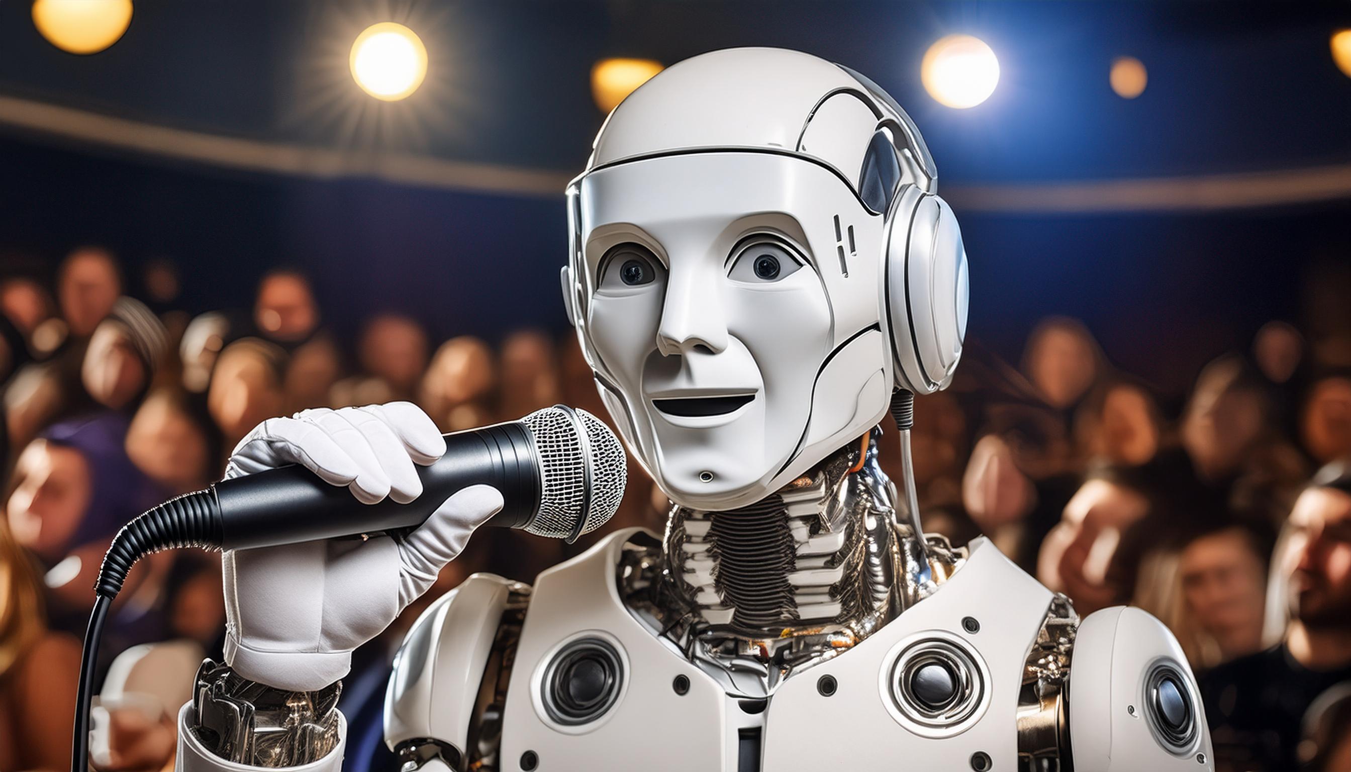A robot comedian image generated with Adobe Firefly AI