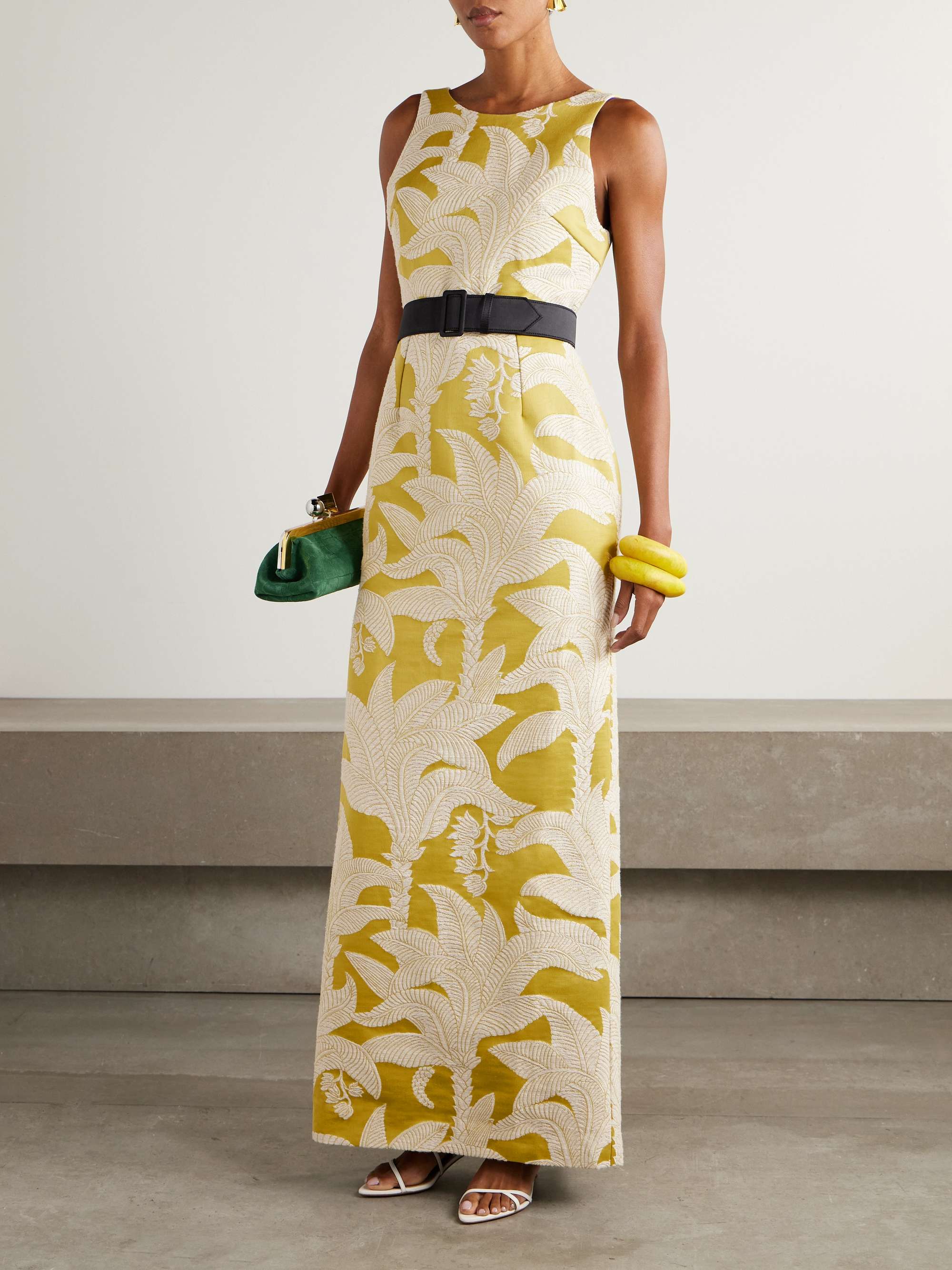 Angera Belted Open-Back Cotton-Blend Brocade Maxi Dress