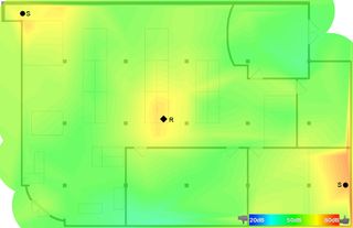 Purch Labs test with Google Wifi router at center of workspace, and satellite nodes in opposite corners. Red indicates strongest signal, blue weakest. Credit: Purch Labs