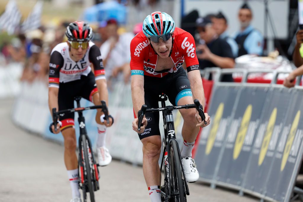 LLEX FRANCE AUGUST 11 Harry Sweeny of Australia and Team Lotto Soudal crosses the finish line during the 34th Tour de lAin 2022 Stage 3 a 131km stage from Plateau dHauteville to Llex 904m TDA22 on August 11 2022 in Llex France Photo by Bas CzerwinskiGetty Images