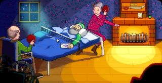 Stardew Valley mod - Evelyn and Charlie playing ping pong on top of grandpa's death bed.