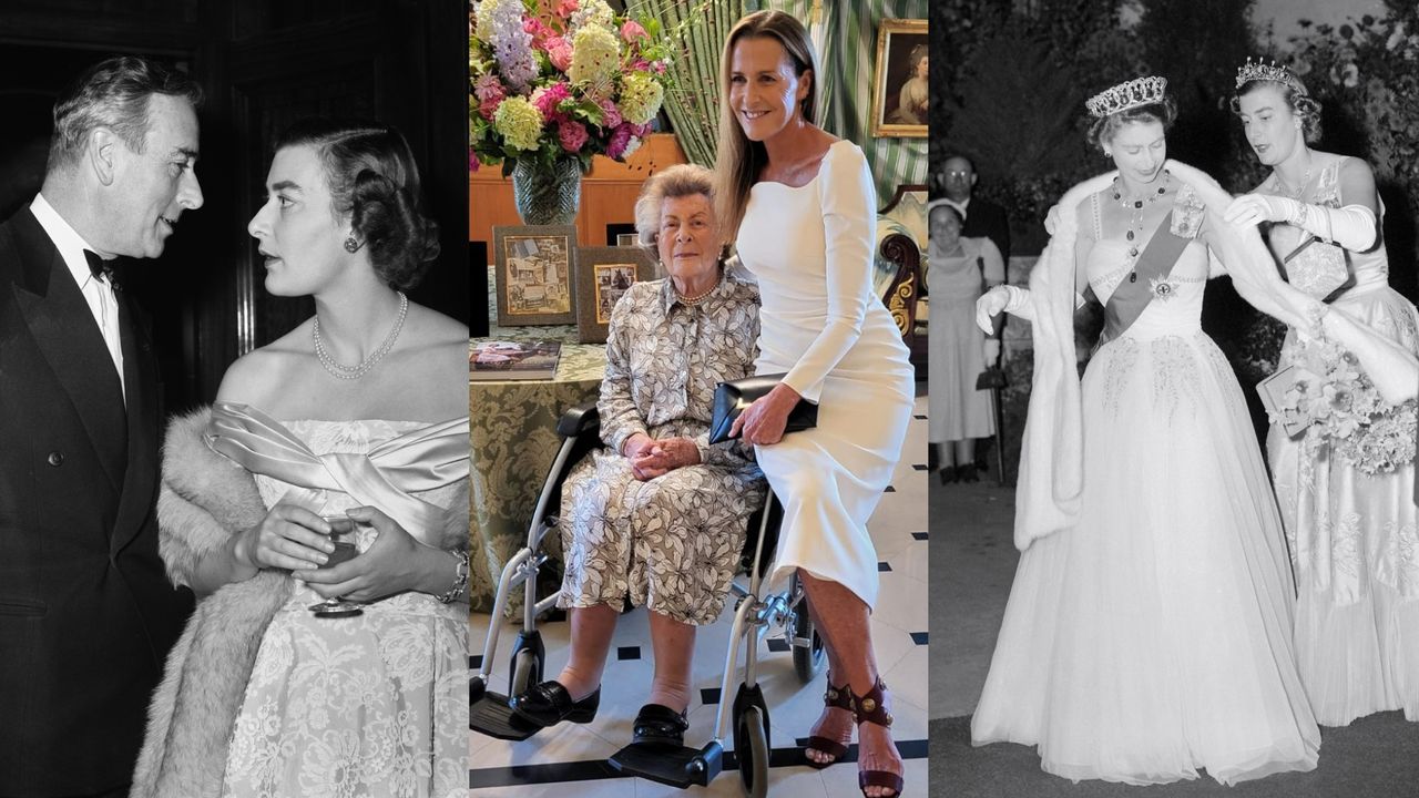 A black and white photo of Louis Mountbatten and Pamela Mountbatten in dress clothes, A photo of Pamela Hicks in a wheelchair with her daughter India Hicks in front of a floral vase, and a black and white photo of Queen Elizabeth II getting a fur stole adjusted by Pamela Mountbatten