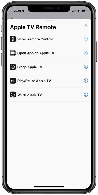 Screenshot showing new Apple TV Remote app actions for Shortcuts in iOS 13, including Show Remote Control, Open App on Apple TV, Sleep Apple TV, Play/Pause Apple TV, and Wake Apple TV.