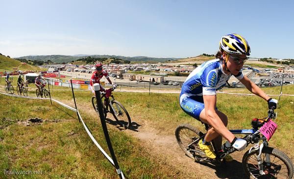 Georgia Gould (Luna Pro Team) leads the field up a climb.
