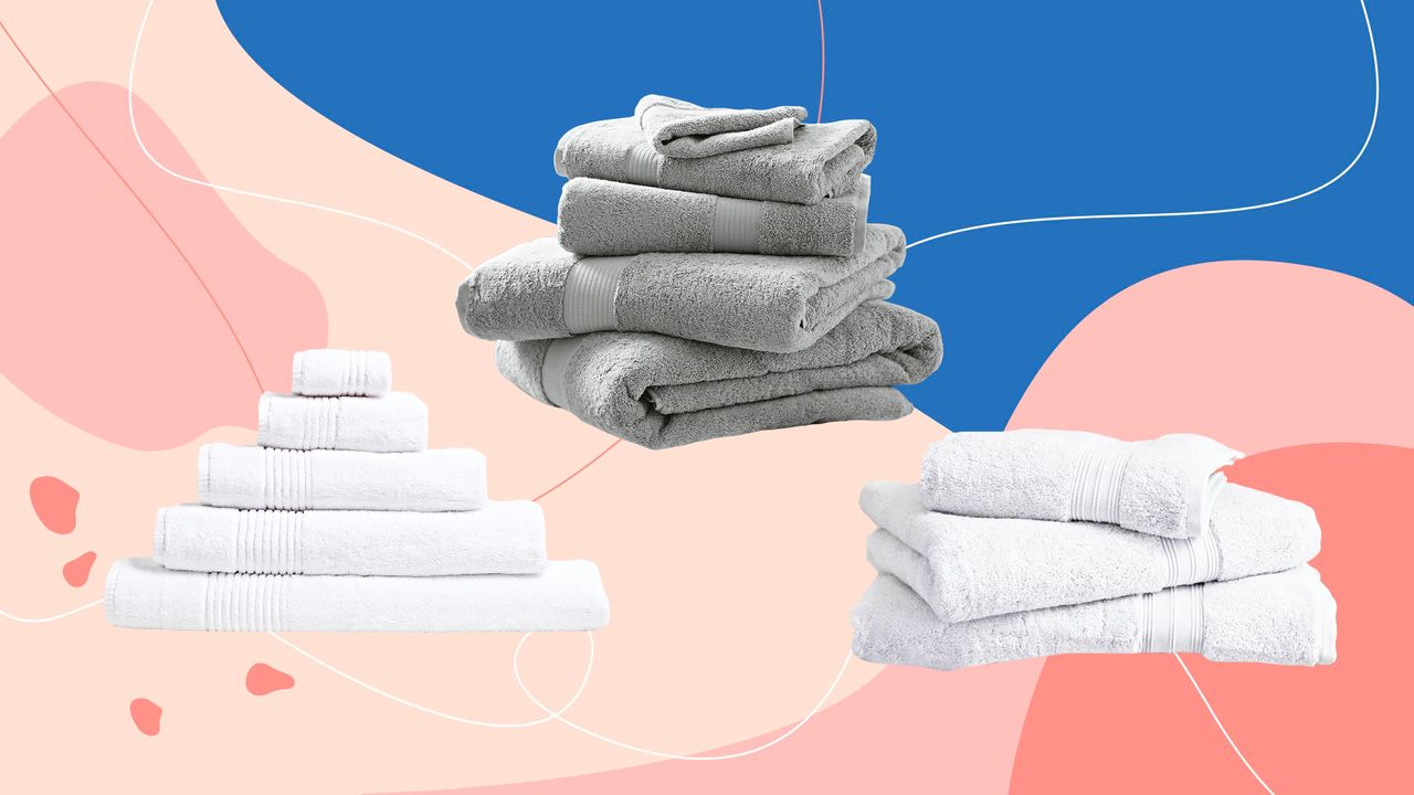 Three of the best bath towels as tested by the Ideal Home team on a blue and pink background