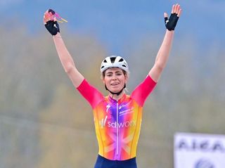 Dutch Demi Vollering of SD Worx celebrates after winning the women's race 'La Fleche Wallonne', a one day cycling race (Waalse Pijl - Walloon Arrow), 127,3 km from Huy to Huy, Wednesday 19 April 2023. BELGA PHOTO DIRK WAEM (Photo by DIRK WAEM / BELGA MAG / Belga via AFP) (Photo by DIRK WAEM/BELGA MAG/AFP via Getty Images)