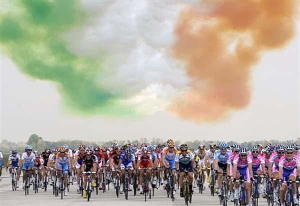 A trace of the Italian colors after the Italian acrobatic air patrol "Frecce Tricolori" performed