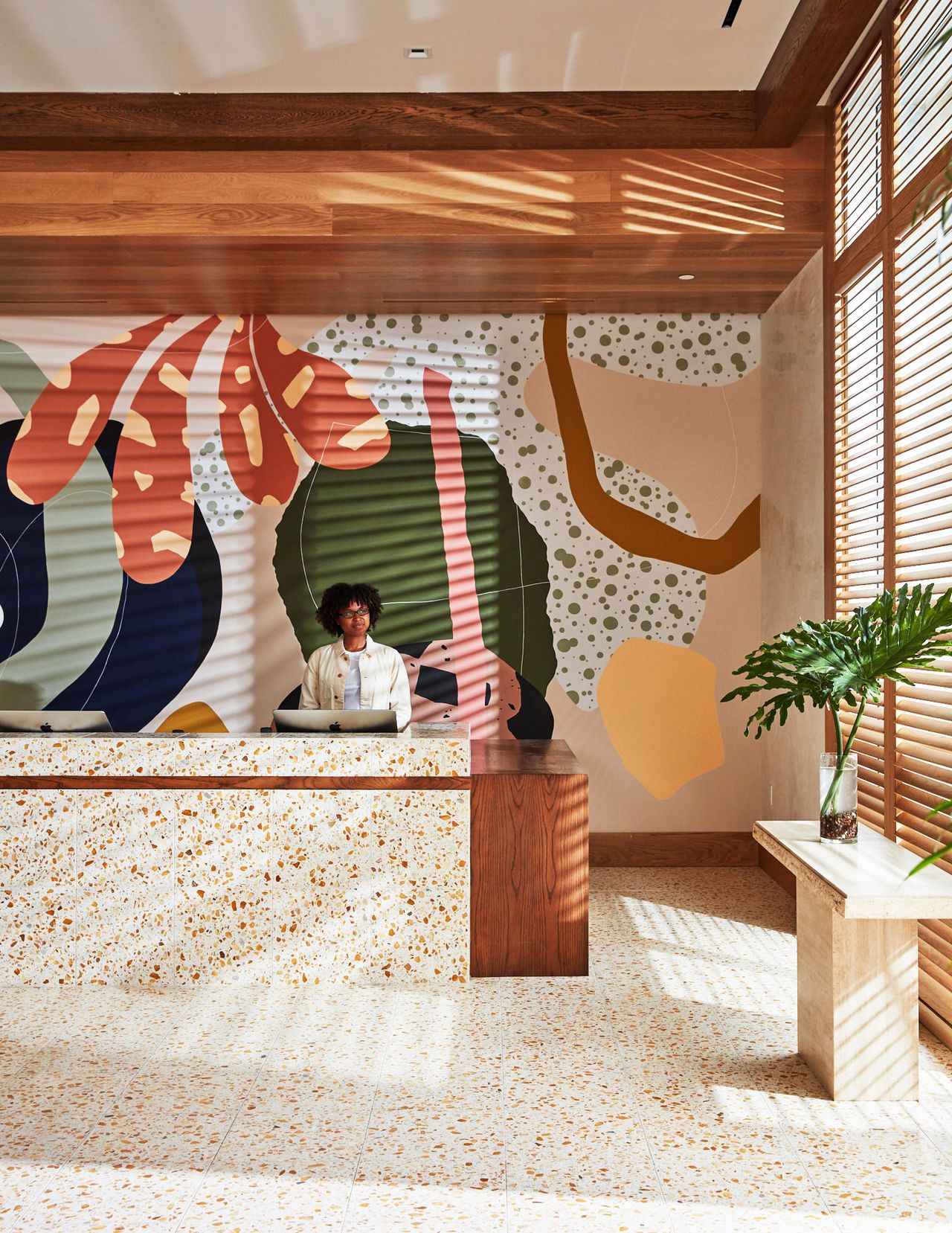 A series of colorful, abstract sculptures and murals.