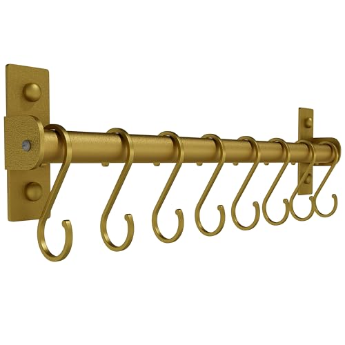 Dseap Kitchen Utensil Holder Hanger, Pot and Pan Rack Wall Mounted, Kitchen Rail With 8 Hooks for Hanging Cooking Utensils, Mugs, Spoons, Wall Mounted, Gold