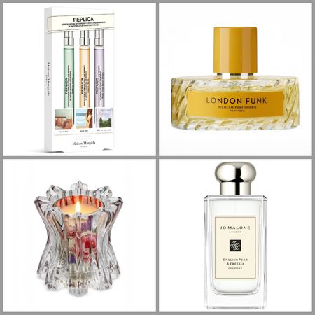 product collage of Maison Margiela Replica Fresh & Floral Travel Spray Set, jo Malone English Pear and Freesia Cologne, Vilhelm Parfumerie London Funk Eau de Parfum, 100 mL, Bond No. 9 New York Flowers Refillable Candle Set on white background with grey border