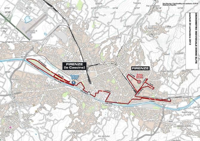 Map of the Florence 2013 elite women's time trial championship course
