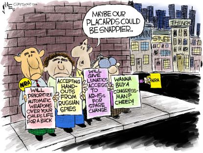 Political cartoon U.S. NRA finances New York state Carry Guard lawsuit