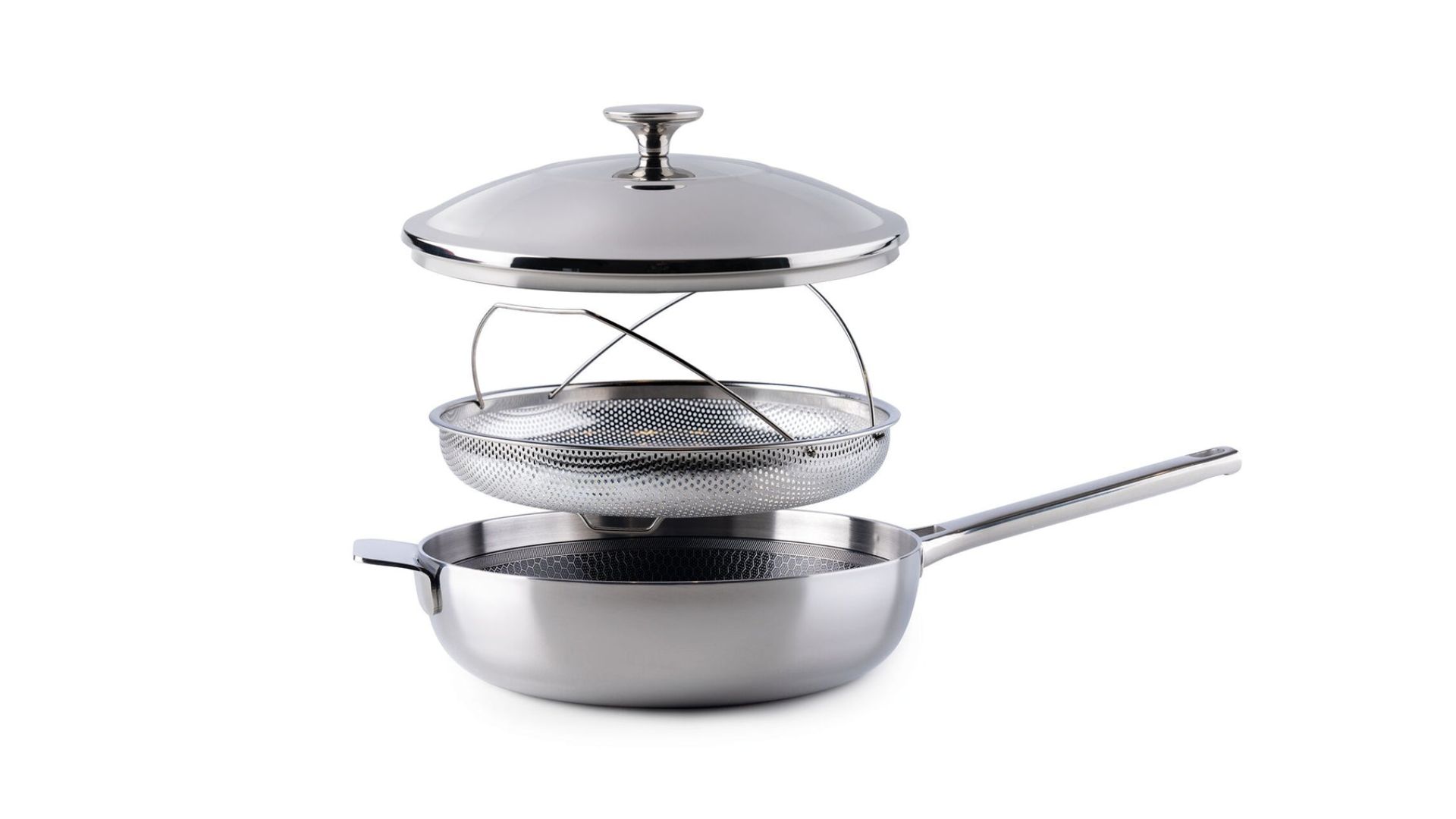 Lakeland 10-in-1 Tri-Ply Only Pan Pro on a white background with the different attachments, including the steamer on show