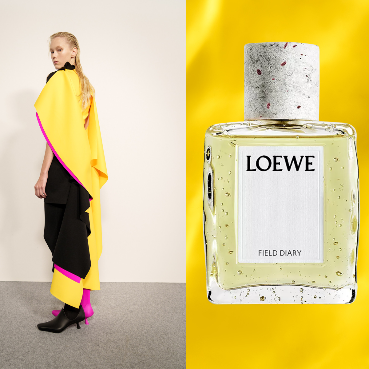A woman wearing a yellow, pink, and blakc colorblocked outfit and black boots. Next to a bottle of Loewe Field Diary. 