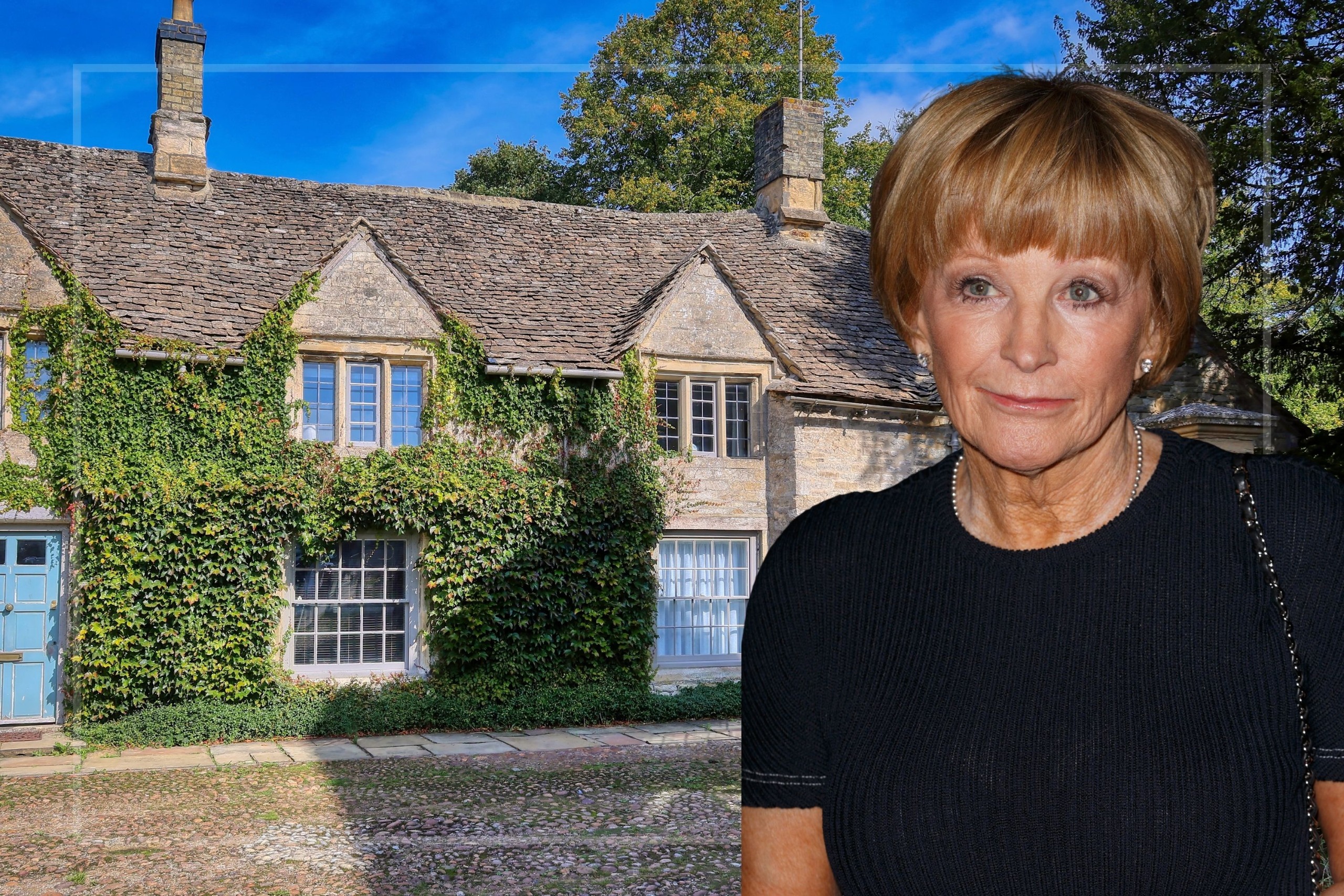 A comp image of a Cotswolds home with creeping ivy and an insert of Anne Robinson (R)