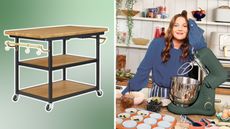 Kitchen cart on green background on left, Drew Barrymore in kitchen on right